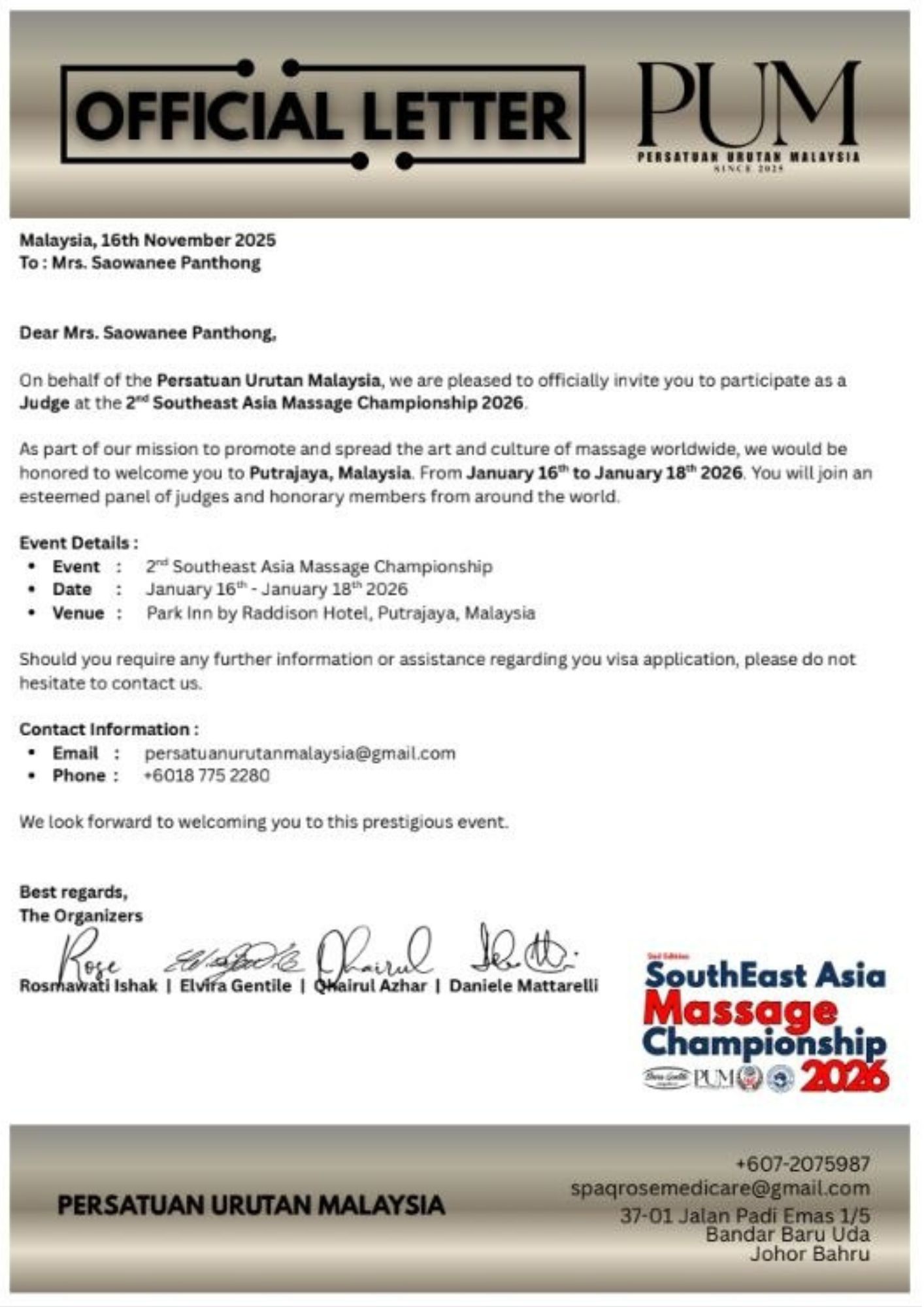 Jury Asia Massage Championship 2026