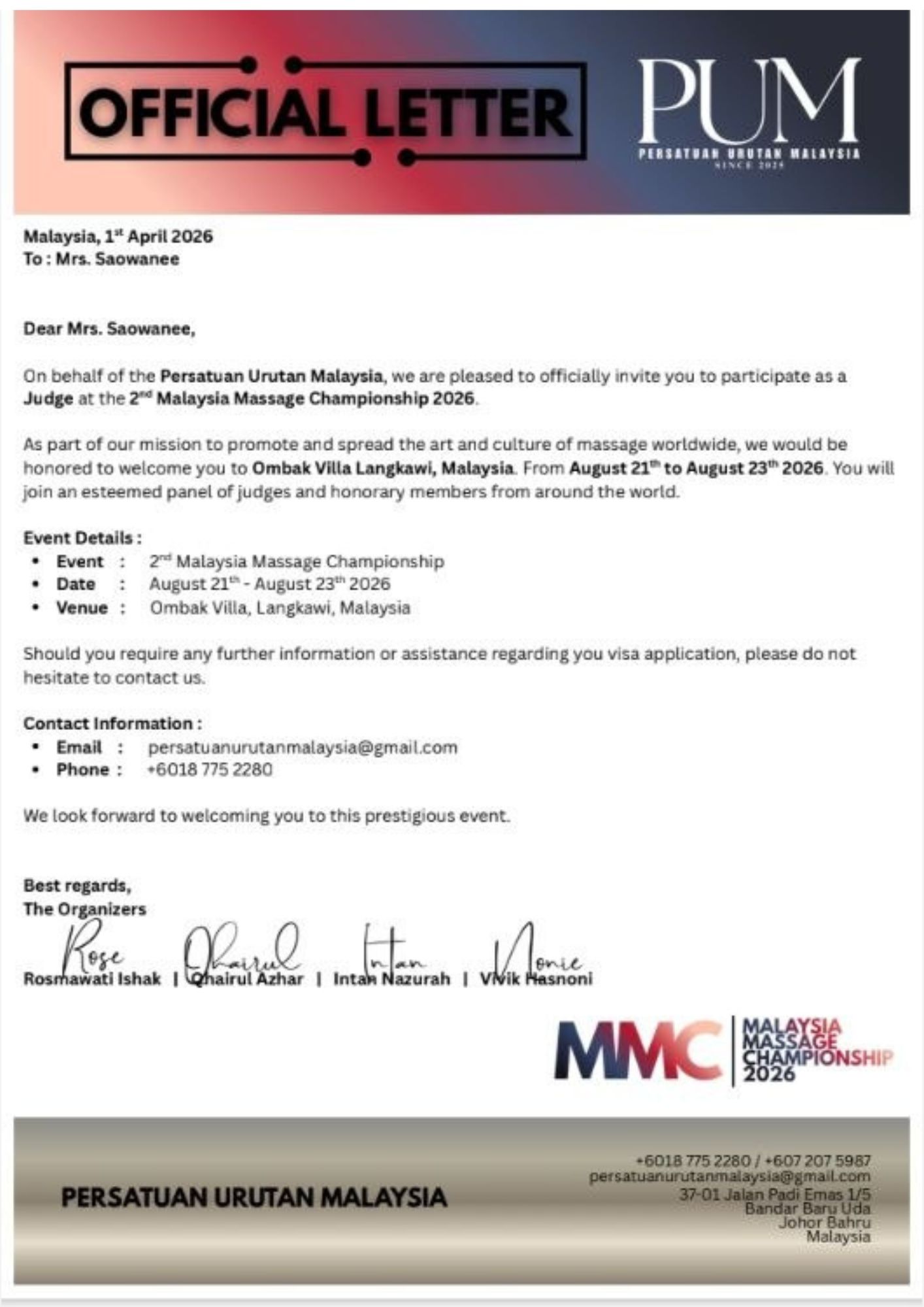 Jury Malaysia Massage Championship